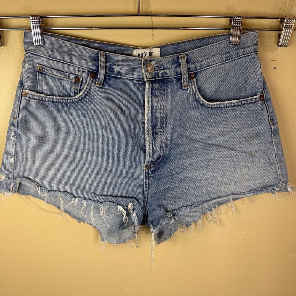 Agolde Parker Button Fly Distressed Denim Cut Off Shorts Size 28 Grunge